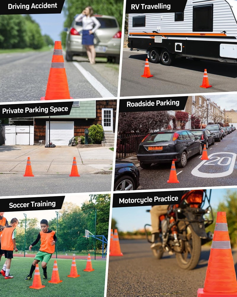 4 Pack 18 inch Collapsible Traffic Orange Cones Reflective Collar