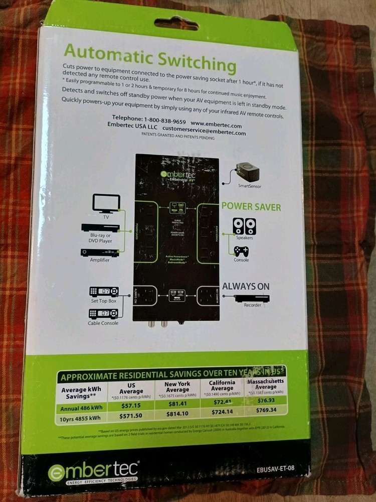 New Embertec Emberstrip AV+ EBUSAV-ET-08, 8-Outlet, 2 APS Power Saving