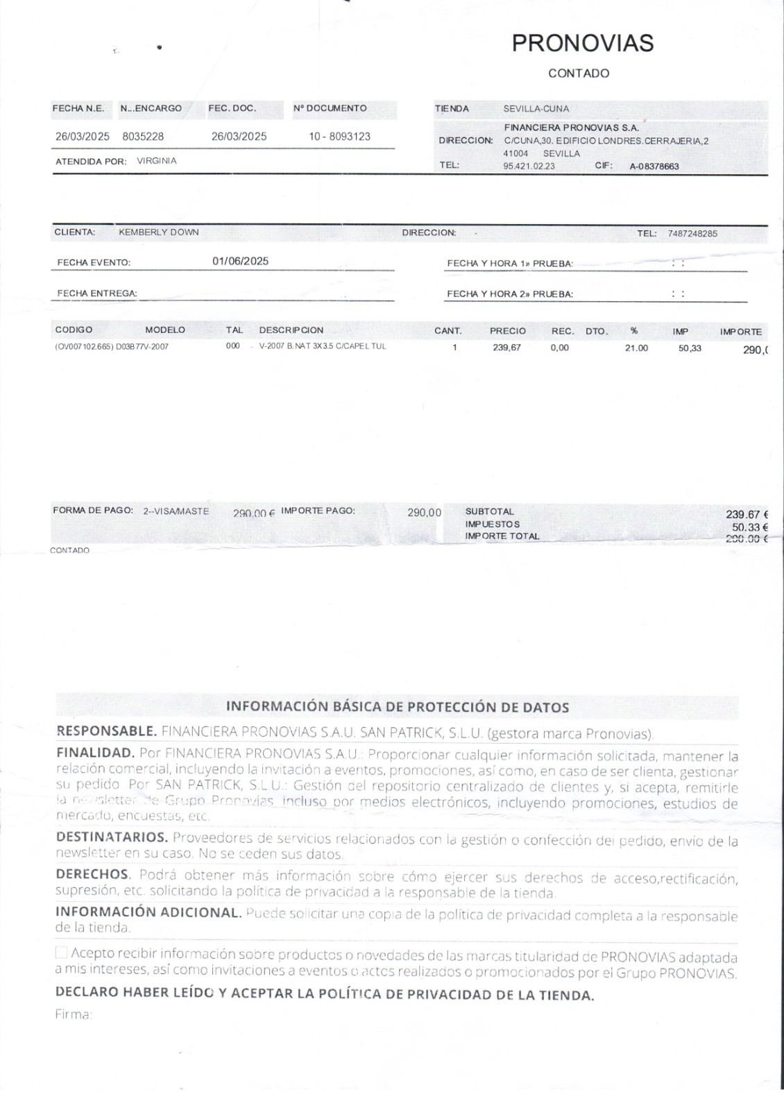 PRONOVIAS WEDDING VEIL – 108" (CATHEDRAL) – PURCHASED/MADE IN SPAIN – WORN ONCE!