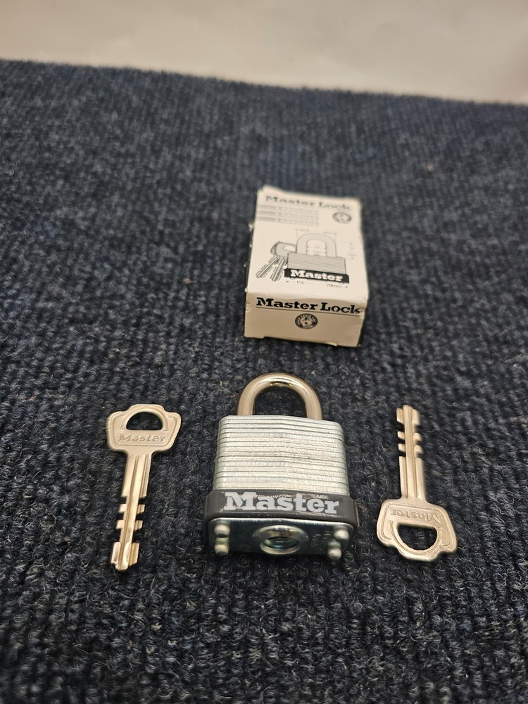 (QTY 4) Master Lock Padlock Rectangular Silver Steel 1-1/8"H W/ Keys