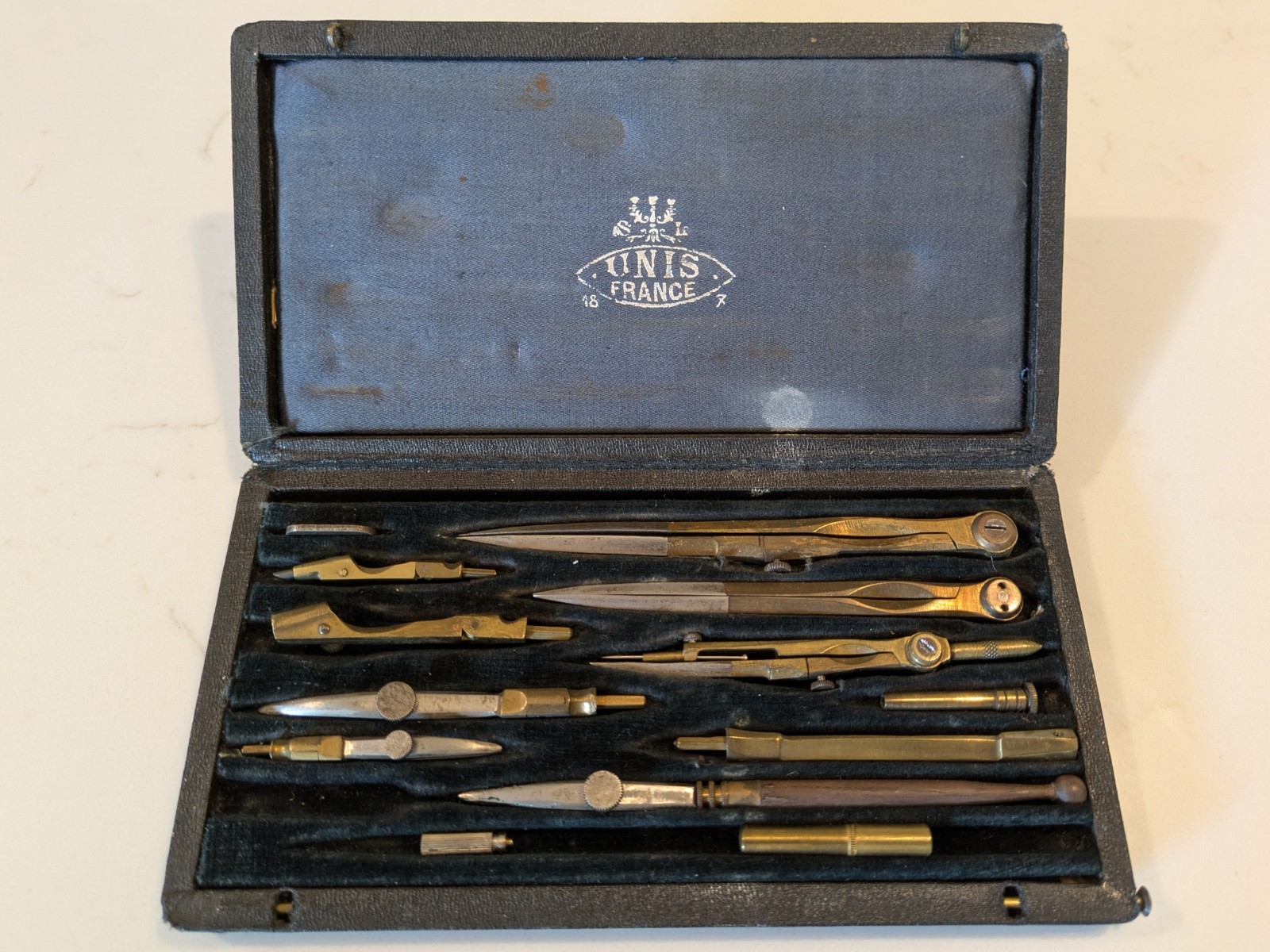 Antique French drafting instrument kit / architect drawing tool set