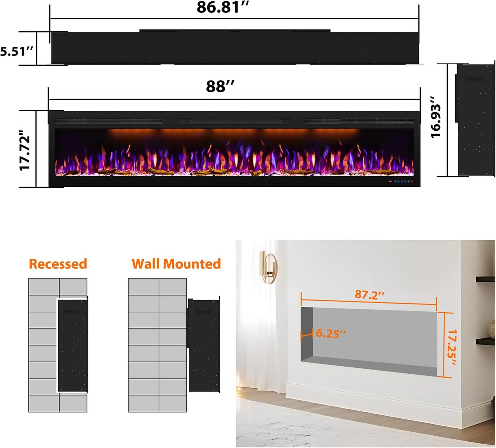 Recessed 88" Electric Fireplace with Adjustable Flame & Remote Control