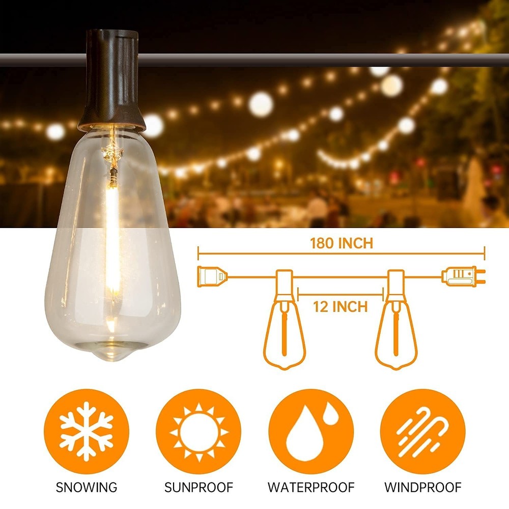 Vanthylit Outdoor String Lights, 15 FT Patio String Lights with LED Filament ...
