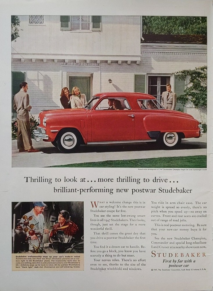 1947 vintage Studebaker print ad. Red car.
