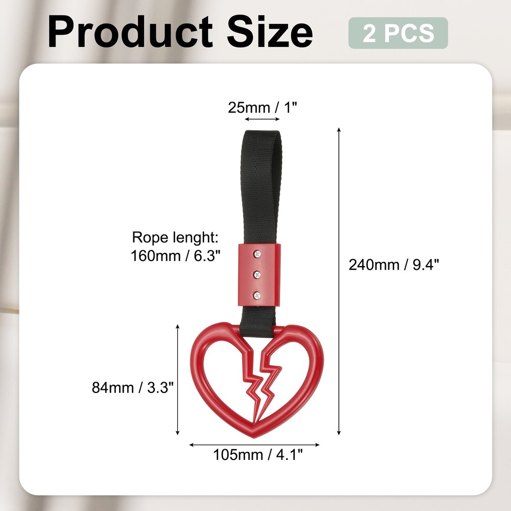2Pcs Broken Heart Shaped Car Handle Straps for Auto, Red