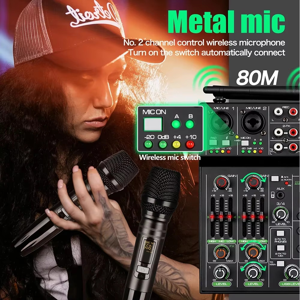 4 Channel Audio Mixer with Wireless Microphone USB Sound Table Bluetooth Console
