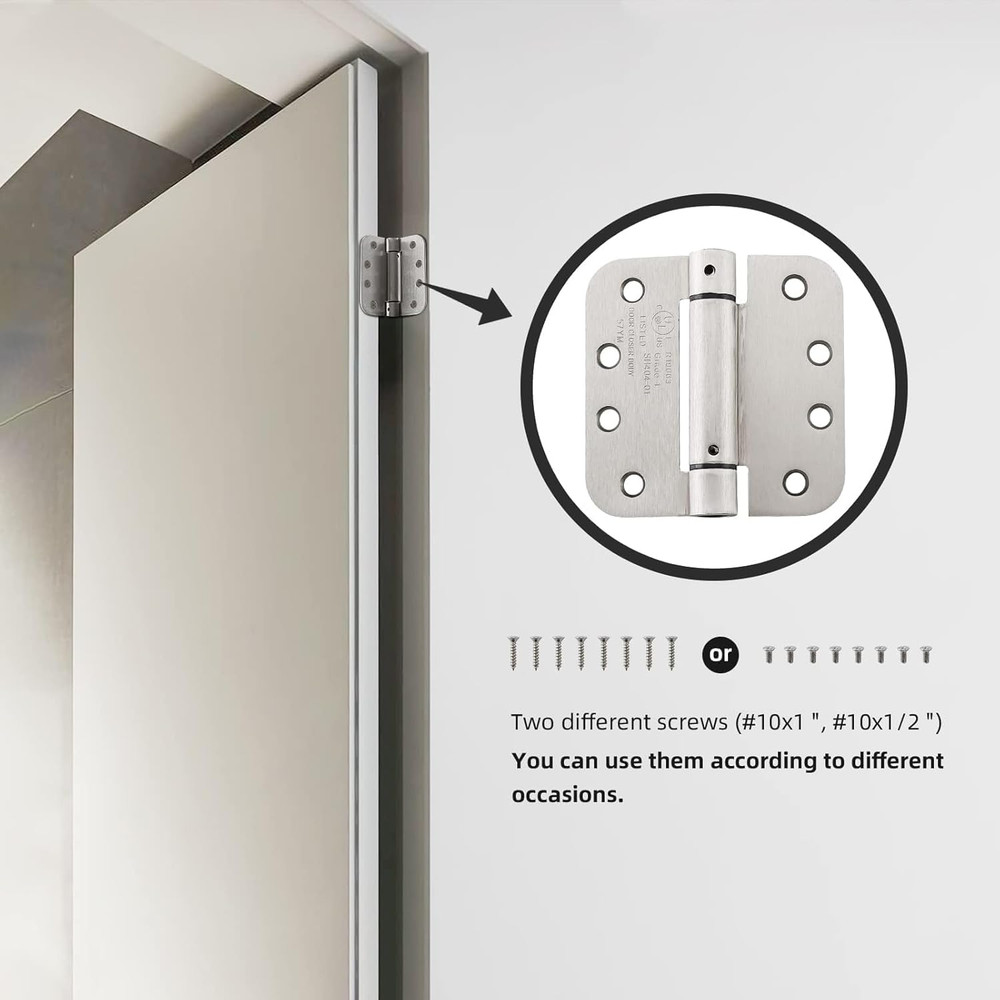 4” Self Closing Door Hinges | Spring Loaded | Adjustable | Satin Nickel | 2 Pack