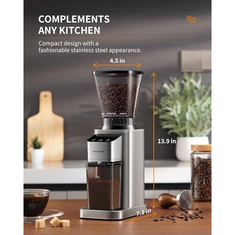 Precision Timer Burr Coffee Grinder 48 Settings Anti Static Large Hopper Silver
