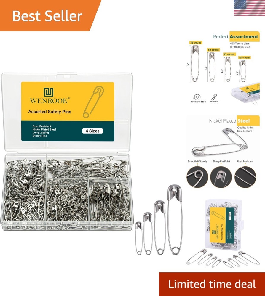 300 Pack Safety Pins Assorted, 4 Sizes, Silver, Steel