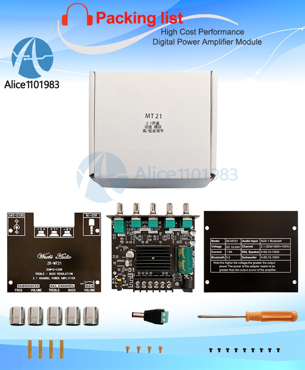 ZK-MT21 2.1Channel Bluetooth Audio Power Amplifier Board Subwoofer 50W*2+100W US