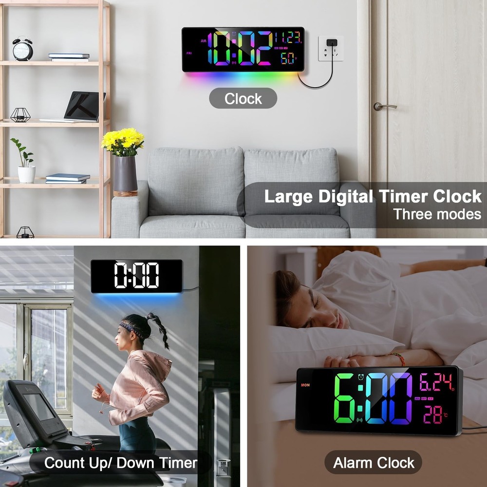 16" Bluetooth Large Digital Wall Clock/Auto Time Sync, 10 RGB Colors Digital ...