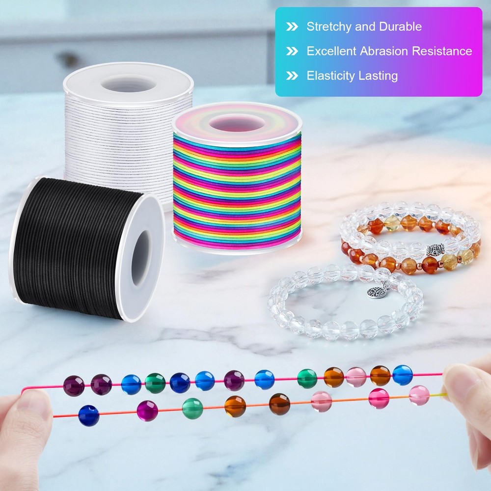 492 Ft Stretchy Bracelet String 1mm Elastic 1MM, Rainbow, White, Black