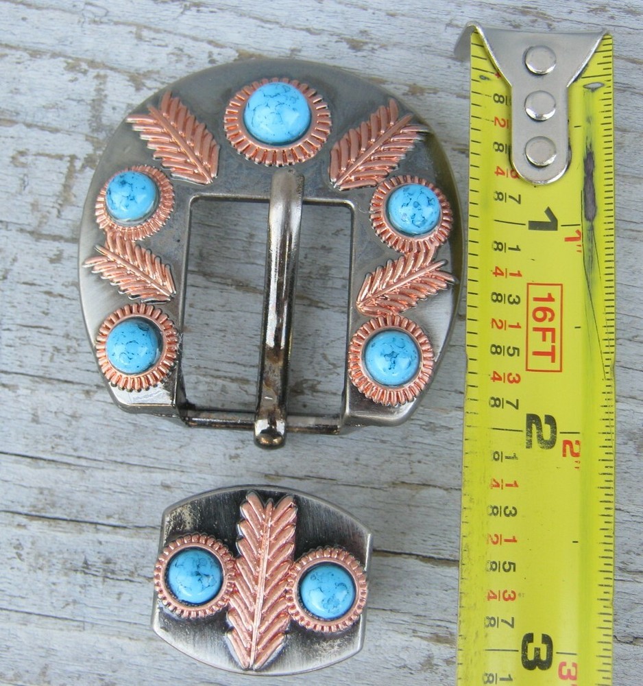 Feathered Turquoise Buckle with Loop Heel Bar Copper Feathers 3/4"