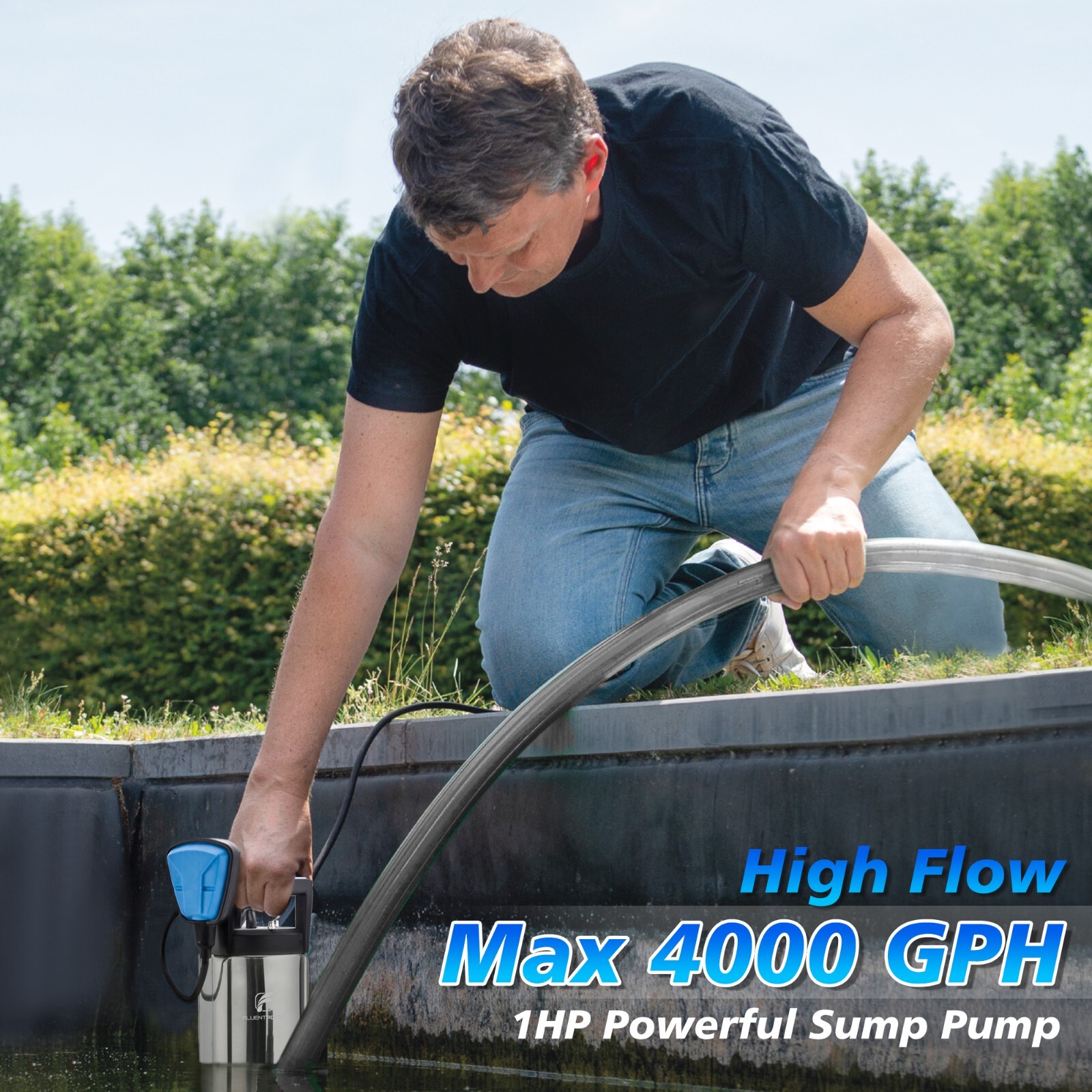 FLUENTPOWER 1HP 4000GPH Stainless Steel Submersible Pump for Clean/Dirty Water