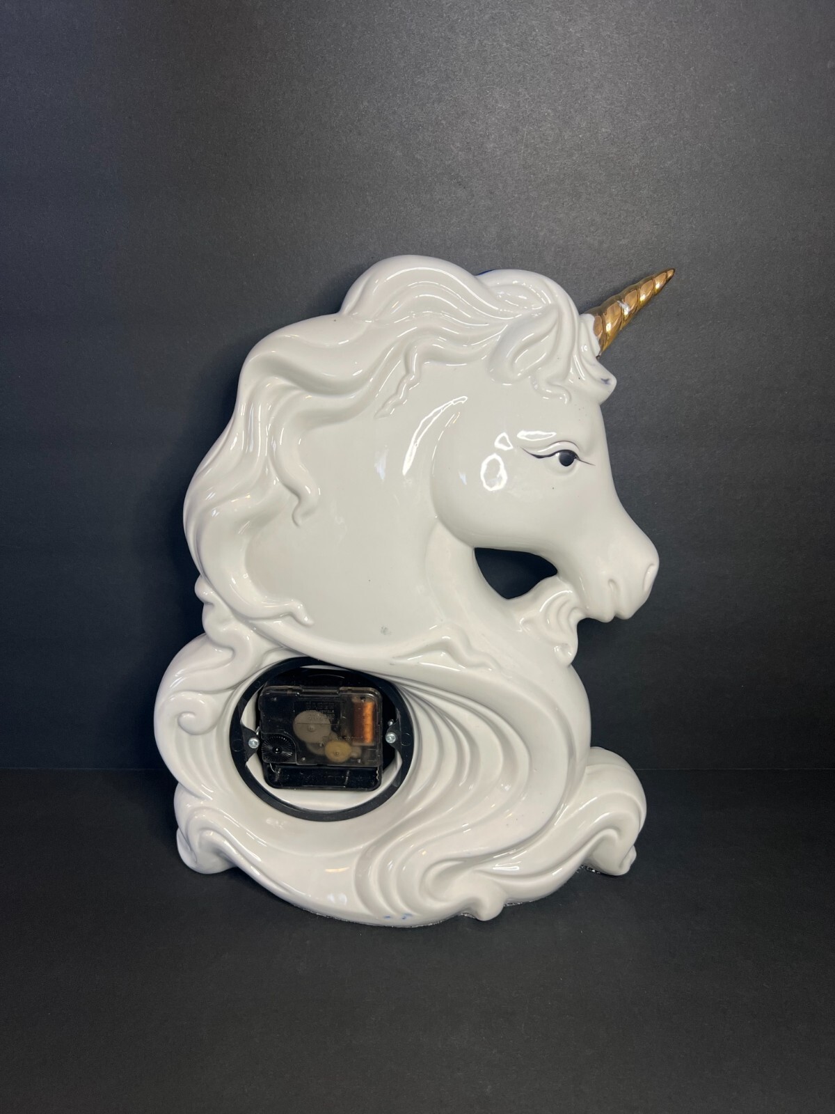 Vintage RARE Hand Painted Porcelain Blue & White Gold Unicorn Quartz Table Clock
