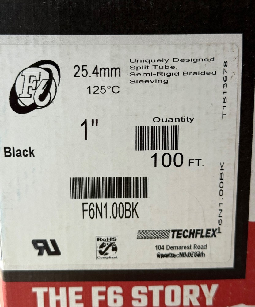 Techflex 1" Braided Cable Sleeving Wrap, Split tube , BLACK , 100’ Box.