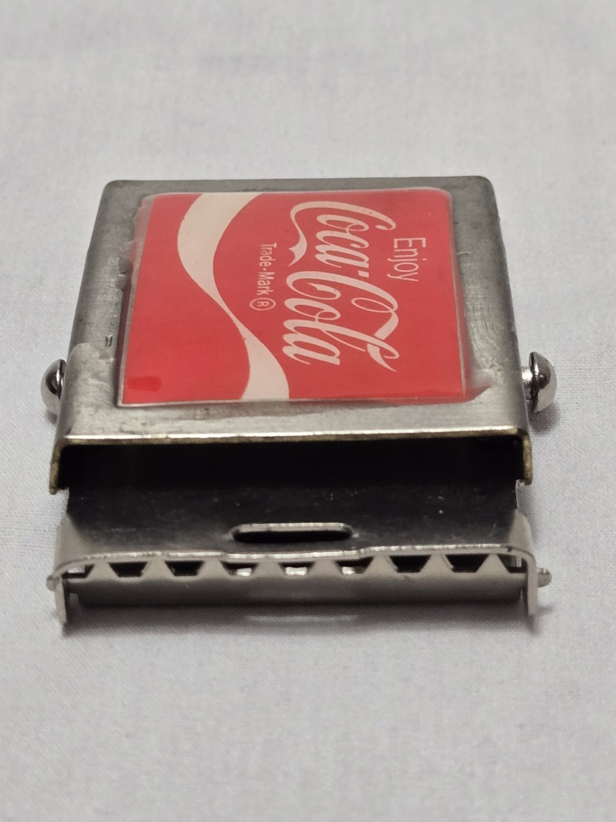 Vintage Coca-Cola Belt Buckle Solid Brass Coke Soda Pop Advertising Red & White