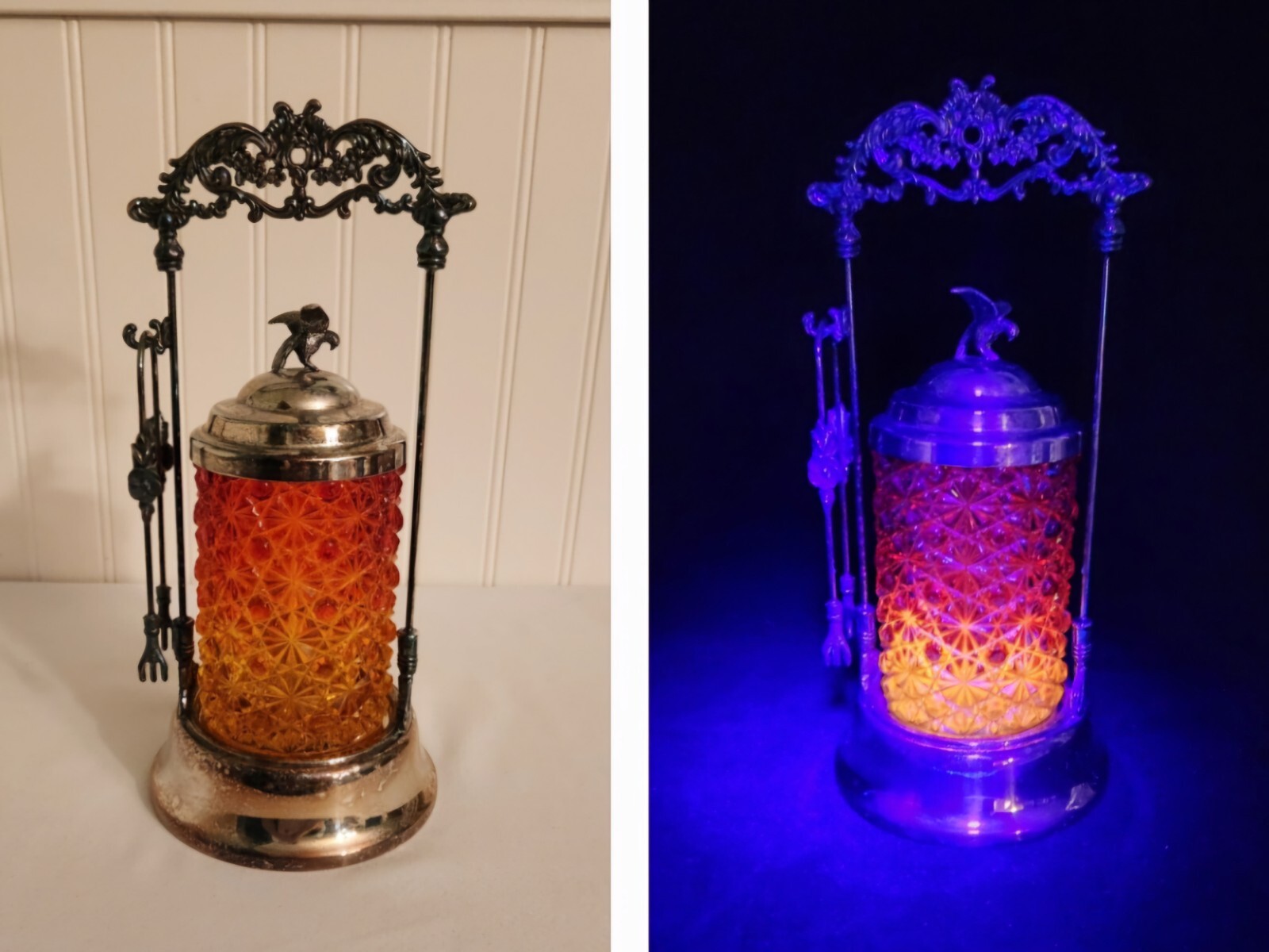 Antique Victorian Amberina Glass Daisy Button Pickle Castor Ornate Eagle Finial