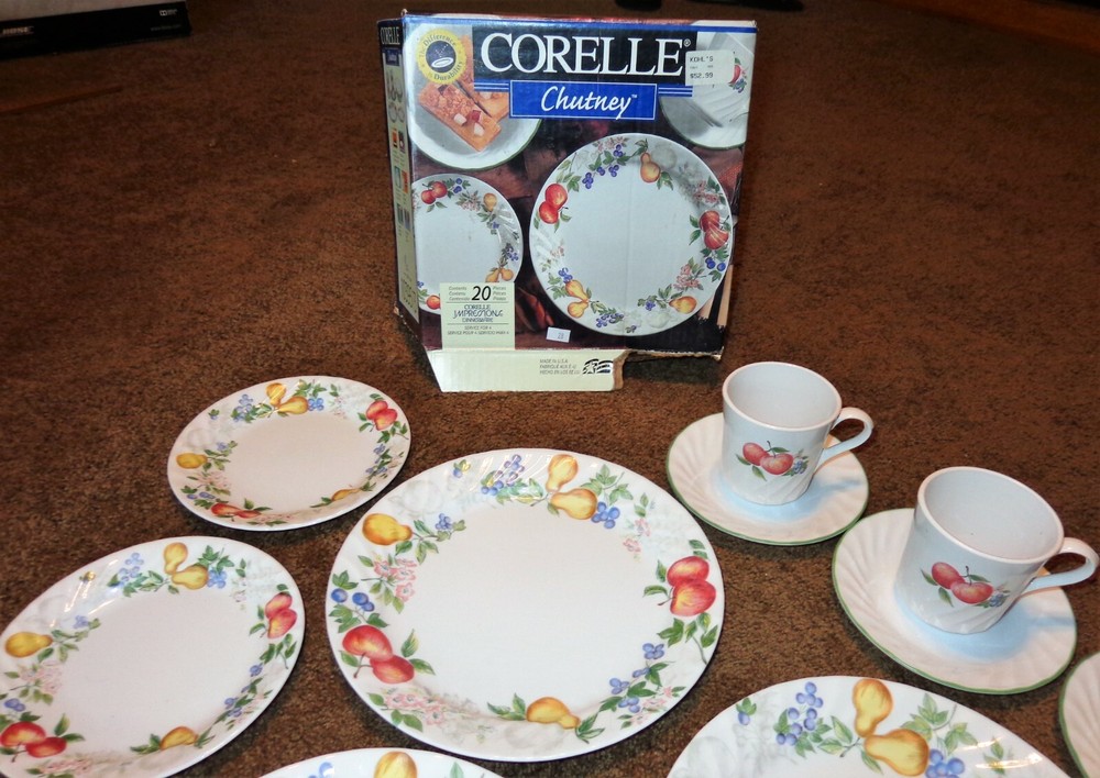 15 PC CORELLE CHUTNEY DINNERWARE SET CUPS DINNER BREAD PLATES FRUIT SWIRL IN BOX