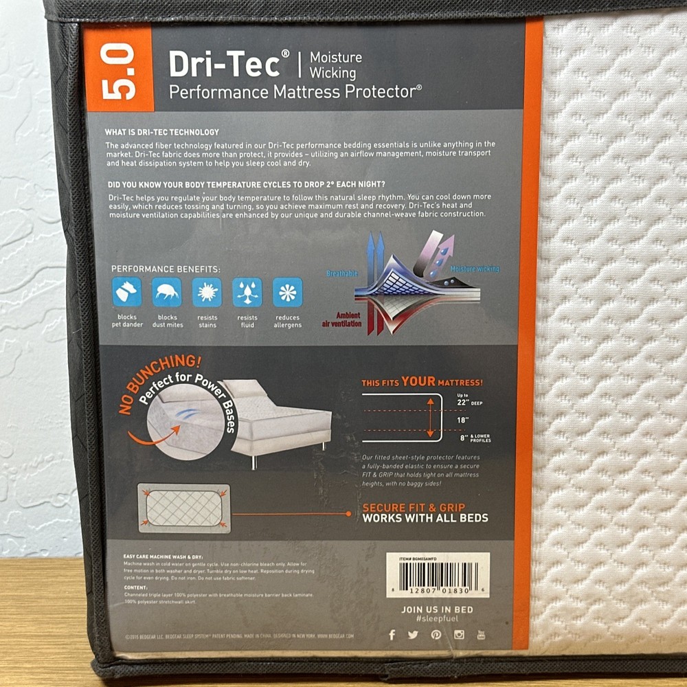 NEW Bedgear Dri-Tec 5.0 Performance Mattress Protector Split Cal King