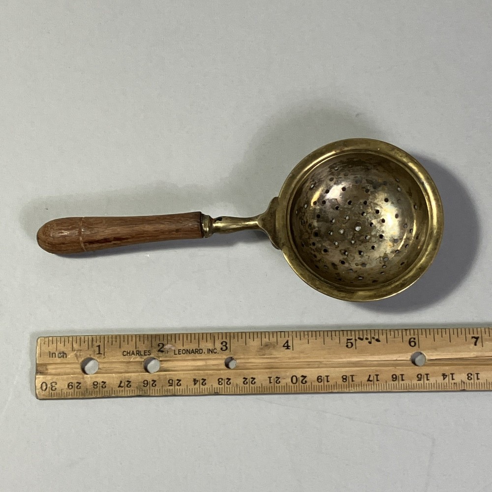 Vintage England Antique Brass Tea Strainer with Wood Handle
