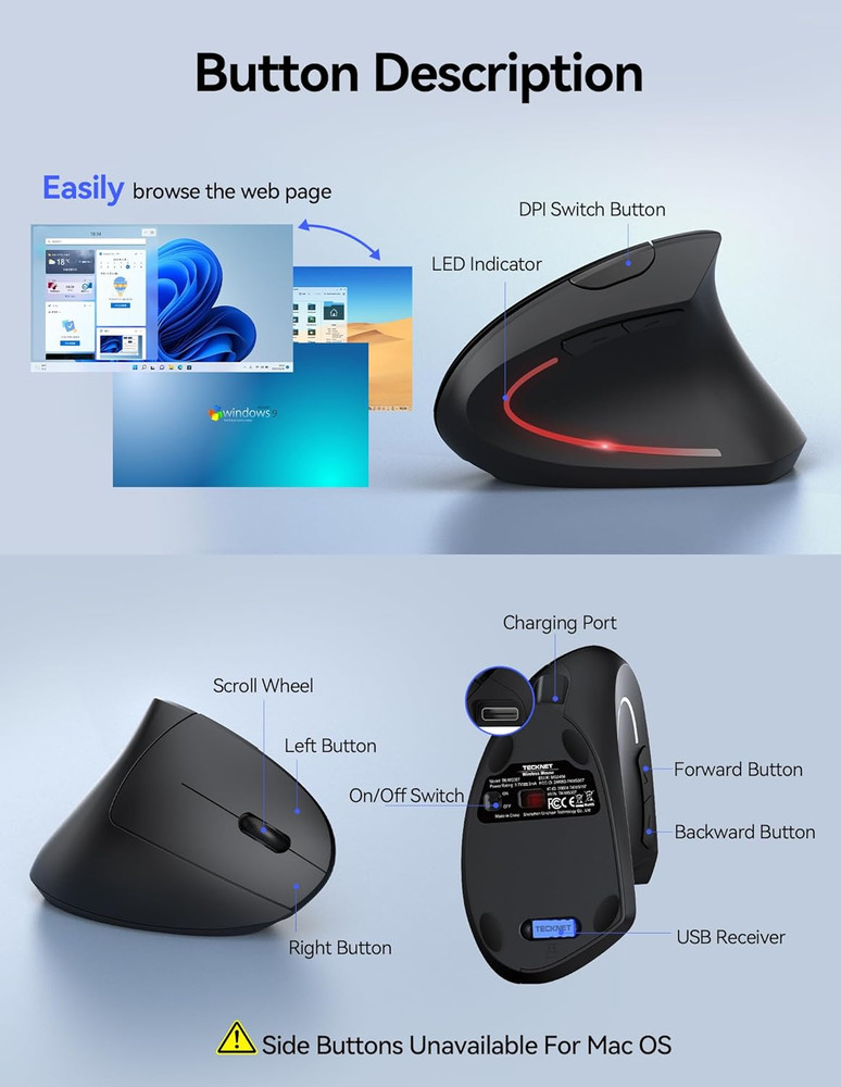 TECKNET Ergonomic Mouse Wireless, Echargeable Mouse Wireless Silent for Carpal T