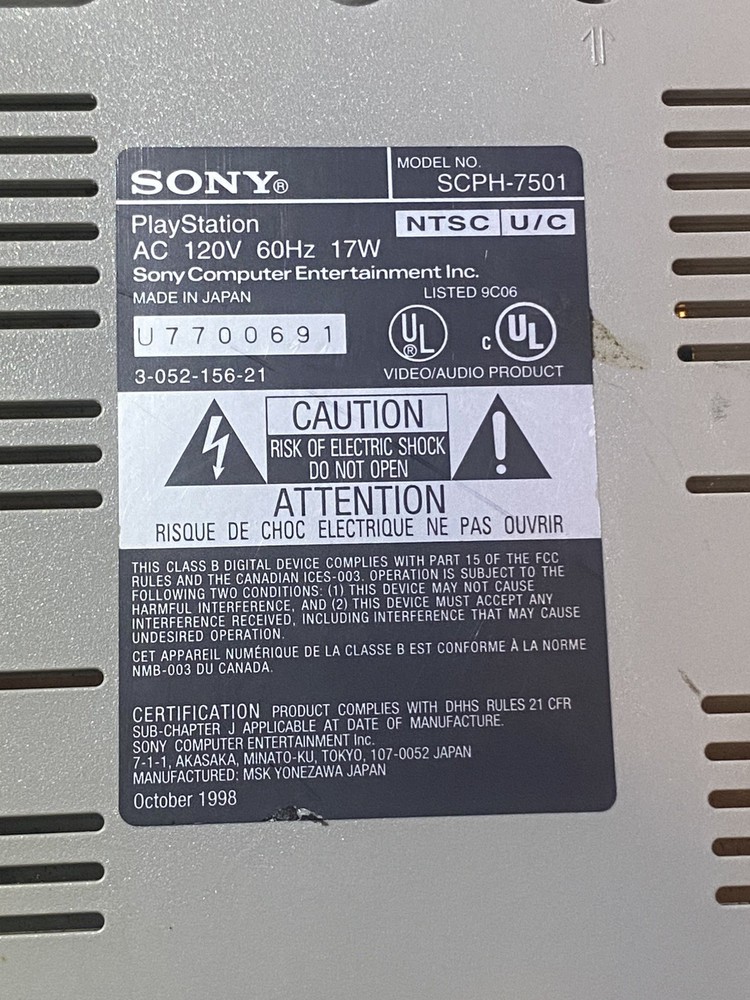 Sony PS1 PlayStation One SCPH-7501 Console- Untested Powers On