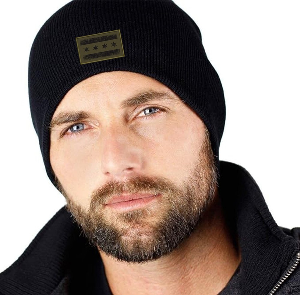 Chicago Flag Skull Knit Hat Olive Patch Black