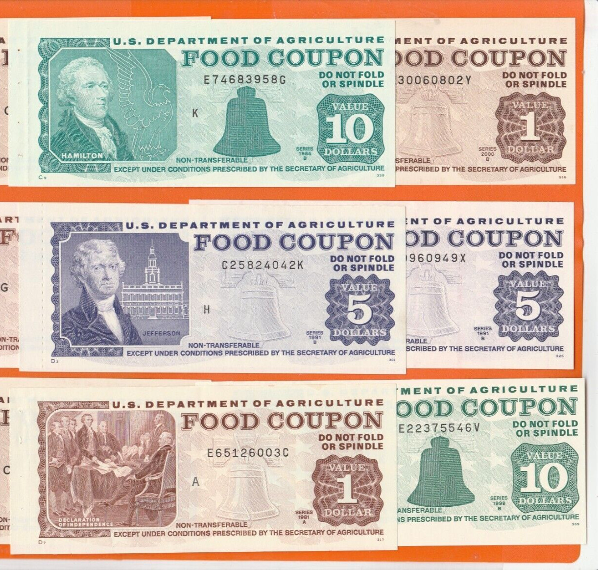 FOOD STAMP COUPON 3 COUPONS $10.00 $5.00 $1.00 USDA AGRICULTURE scrip TOKEN UNC