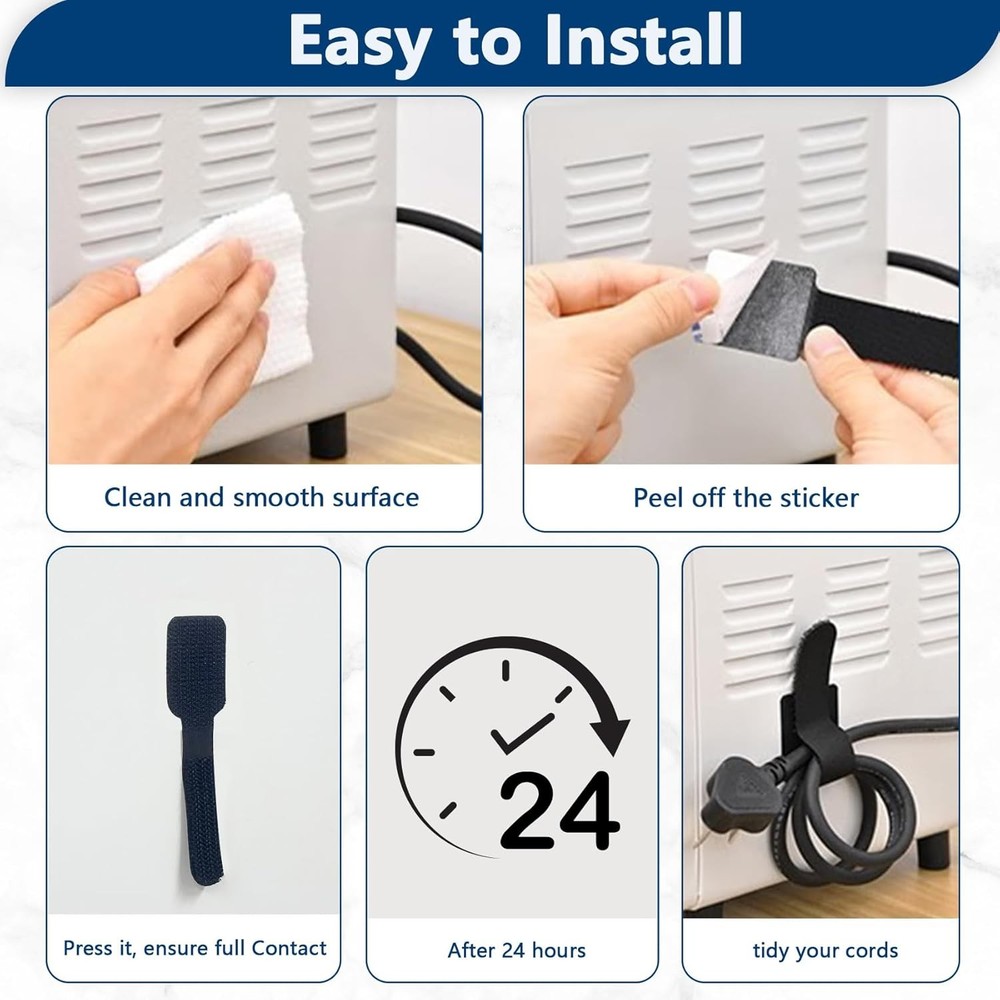 50 PCS Hook and Loop Cable Ties, Under Desk Cable Management Self Adhesive Cable