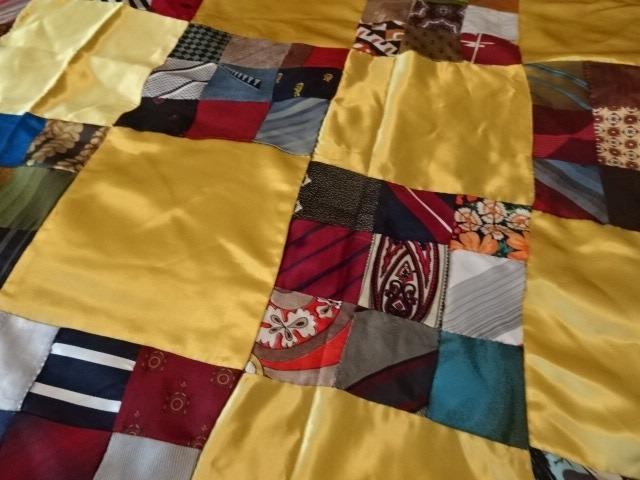 Vtg Handmade Quilt top-61" x 48" 9 patch blocks&silky gold solid-using men ties