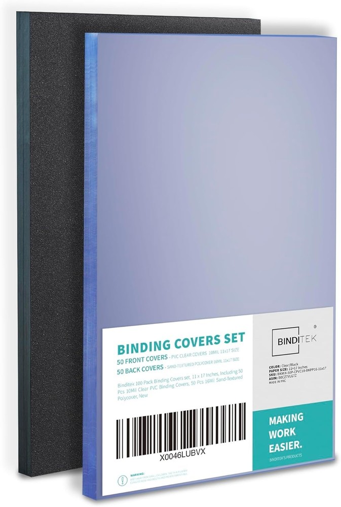 100 Pack Binding Covers Set, 11x17 Tabloid, Clear & Sand-Textured, UL Certified