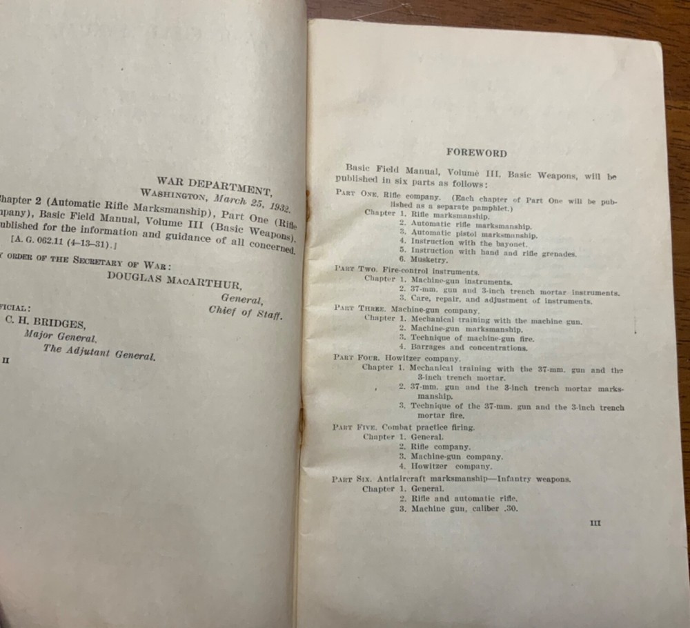 1932 Manual Vol. III Basic Weapons Rifle Co. Automatic Rifle Marksmanship Book
