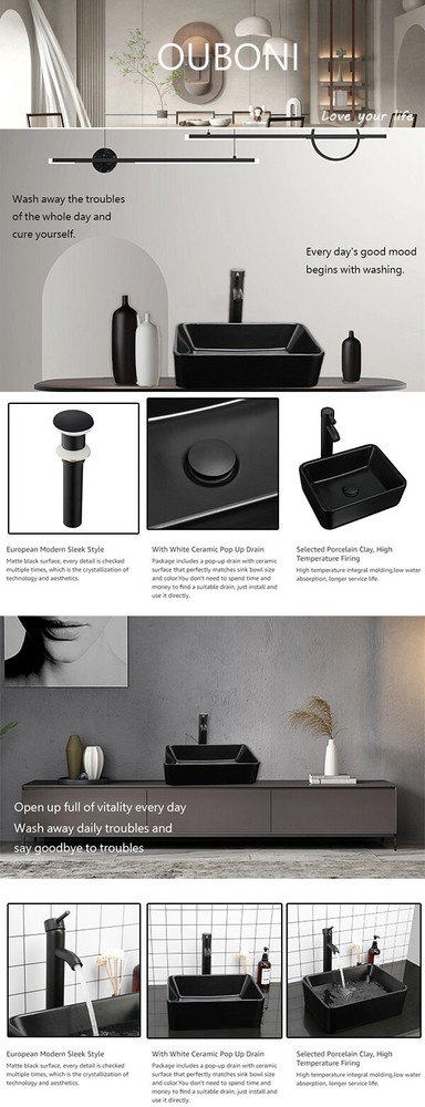 US Black Ceramic Bathroom Vessel Sink Rectangular Mixer Deck Mount Tap Set Drain