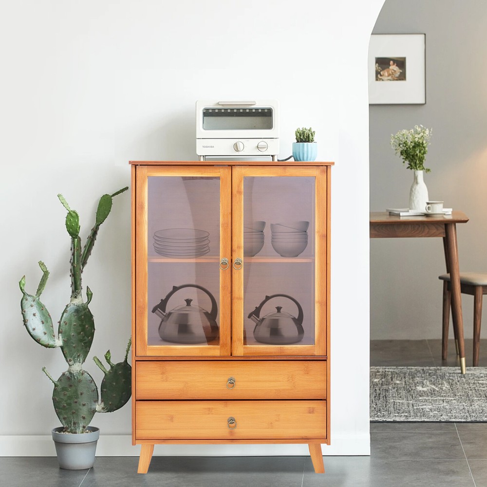 2-Compartments Bamboo Kitchen Sideboard Storage Organizer Cupboard Freestanding