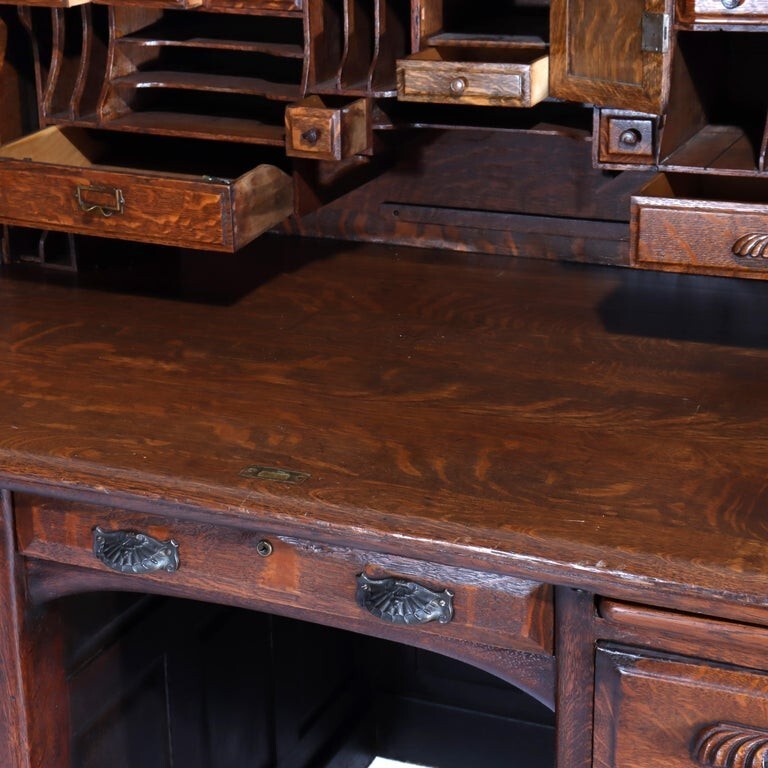 Derby Oak Raised Panel S-Roll Top Desk with Carved Pulls c1920