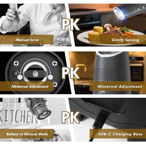 Electric Pepper & Salt Grinder Set - Automatic Adjustable Coarseness, Rechargeab