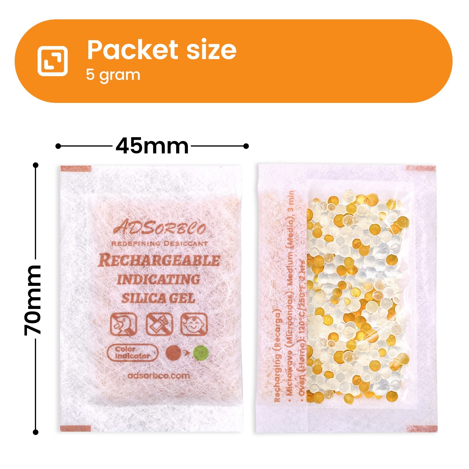 [5 Gram 50 Packages] Adsorbco Rechargeable 20% Orange + 80% White Silica Gel