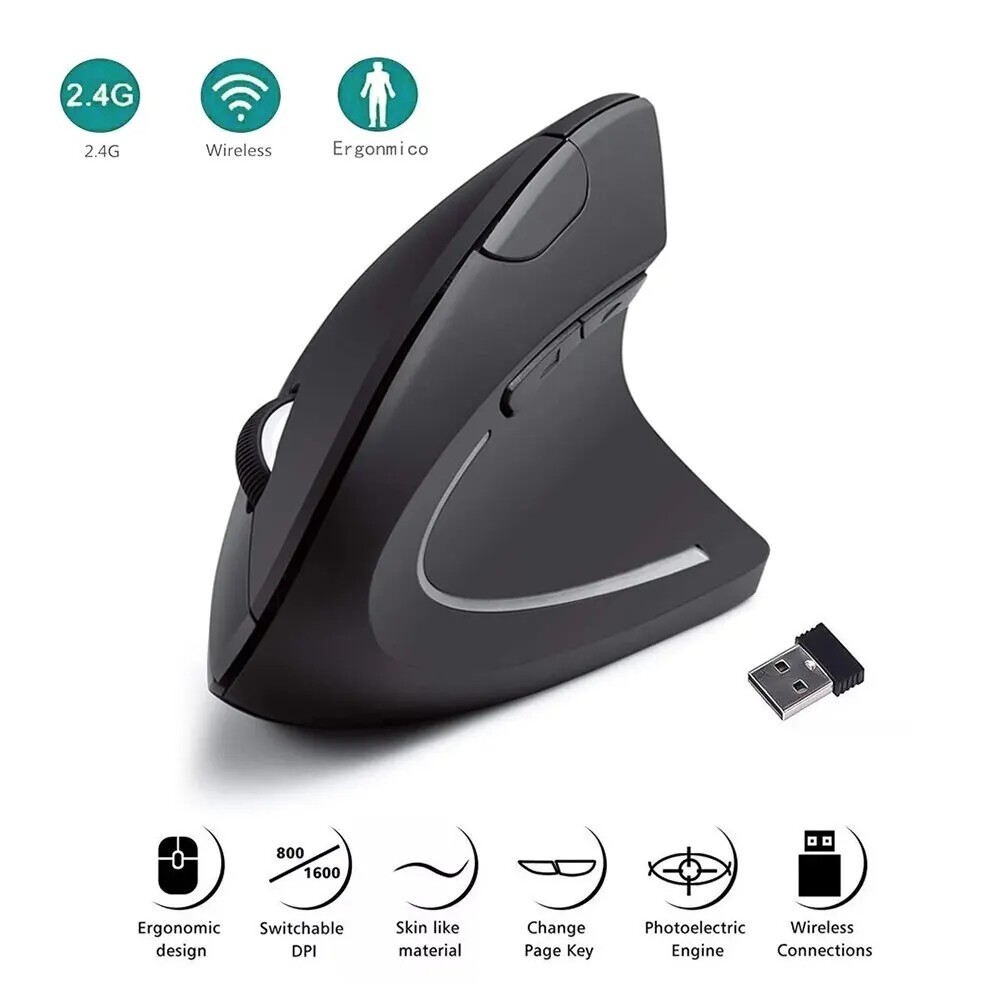 Vertical Ergonomic Wireless Mouse 2.4GHz 800/1200/1600 DPI 6 Buttons