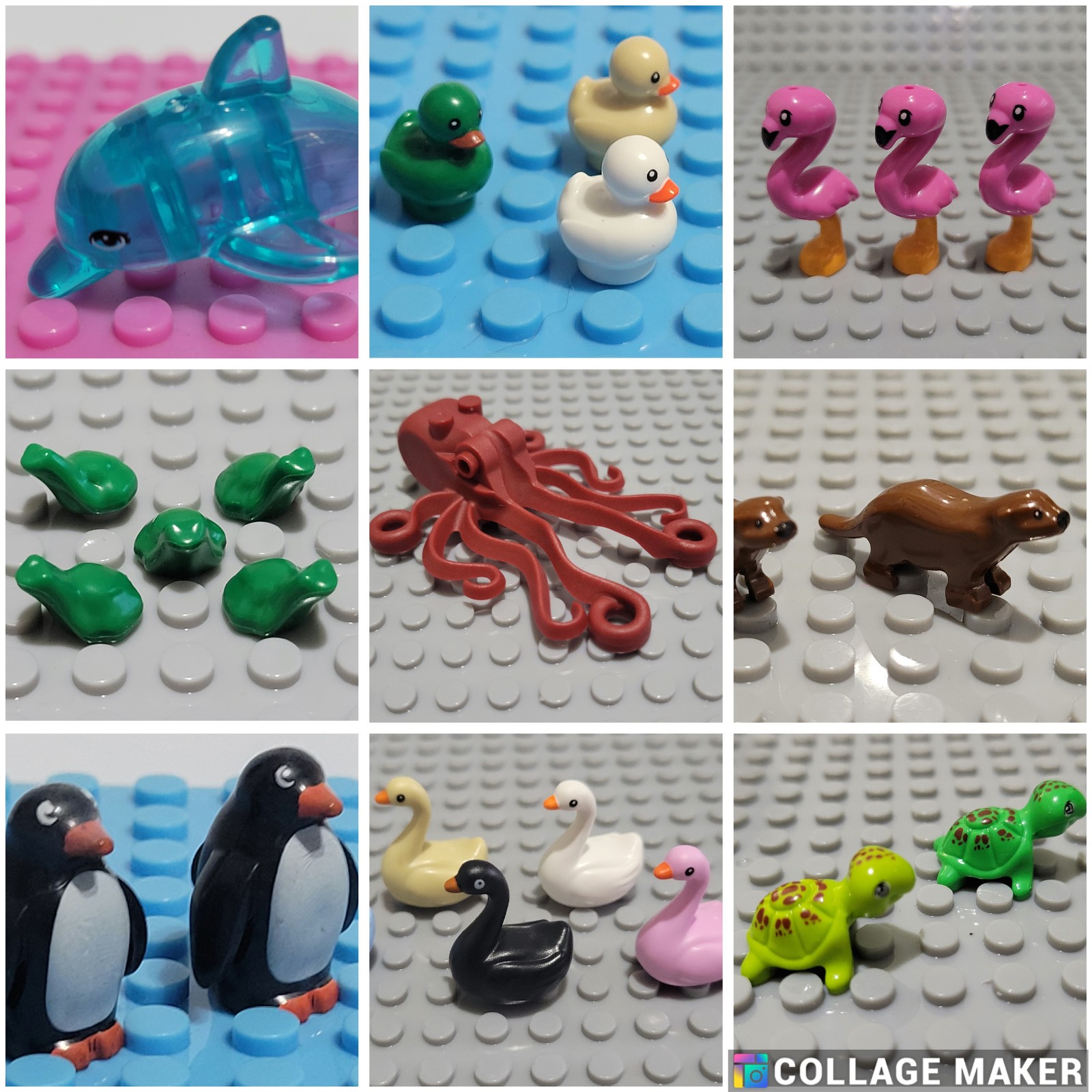 Animals Minifigure - Water - Dolphins, Flamingo, Octopus, Otter, Penguin, Swan