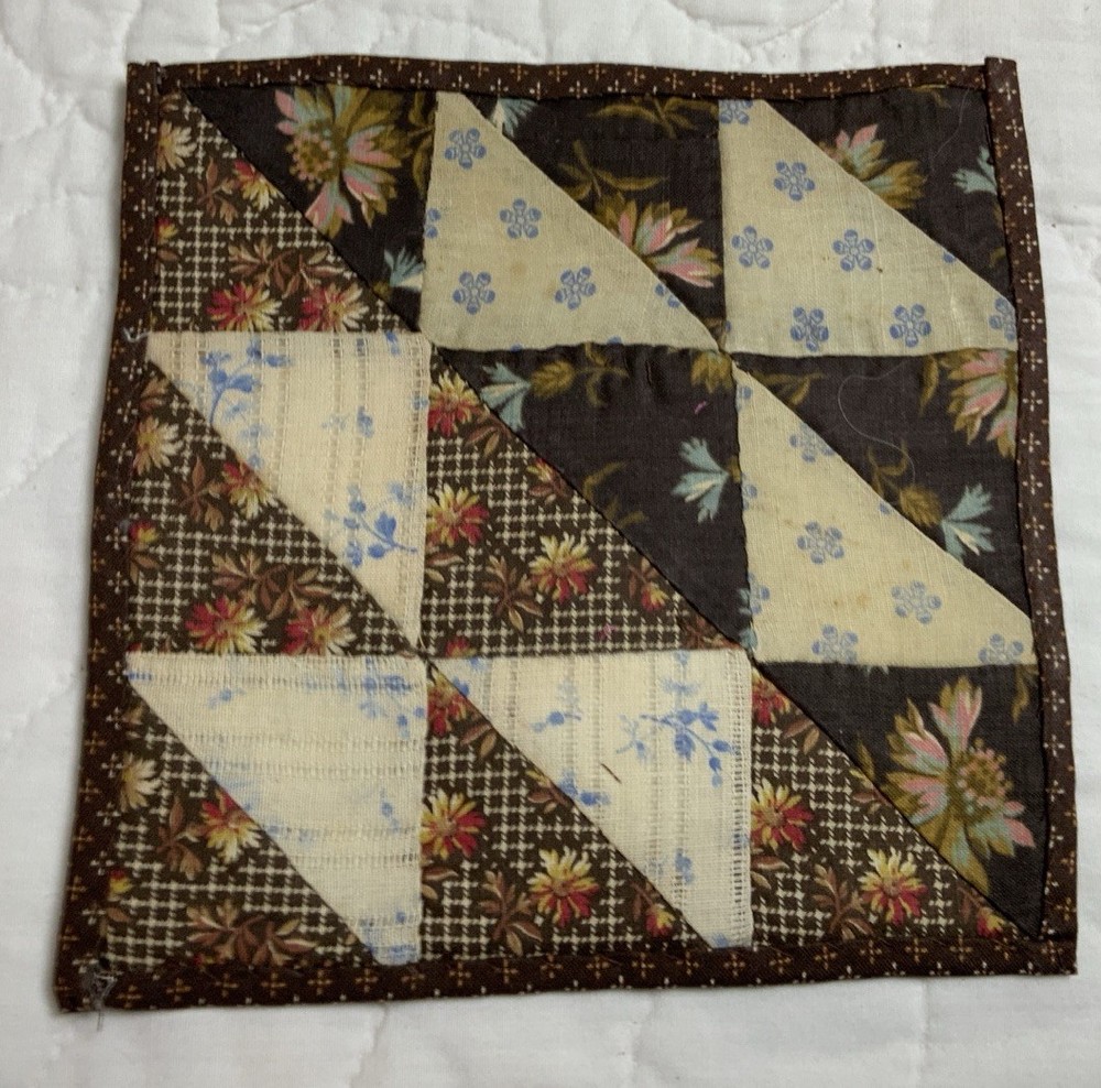 Antique Patchwork Quilt Table Topper, Nine Patch, Triangle, Early Calicos, Brown