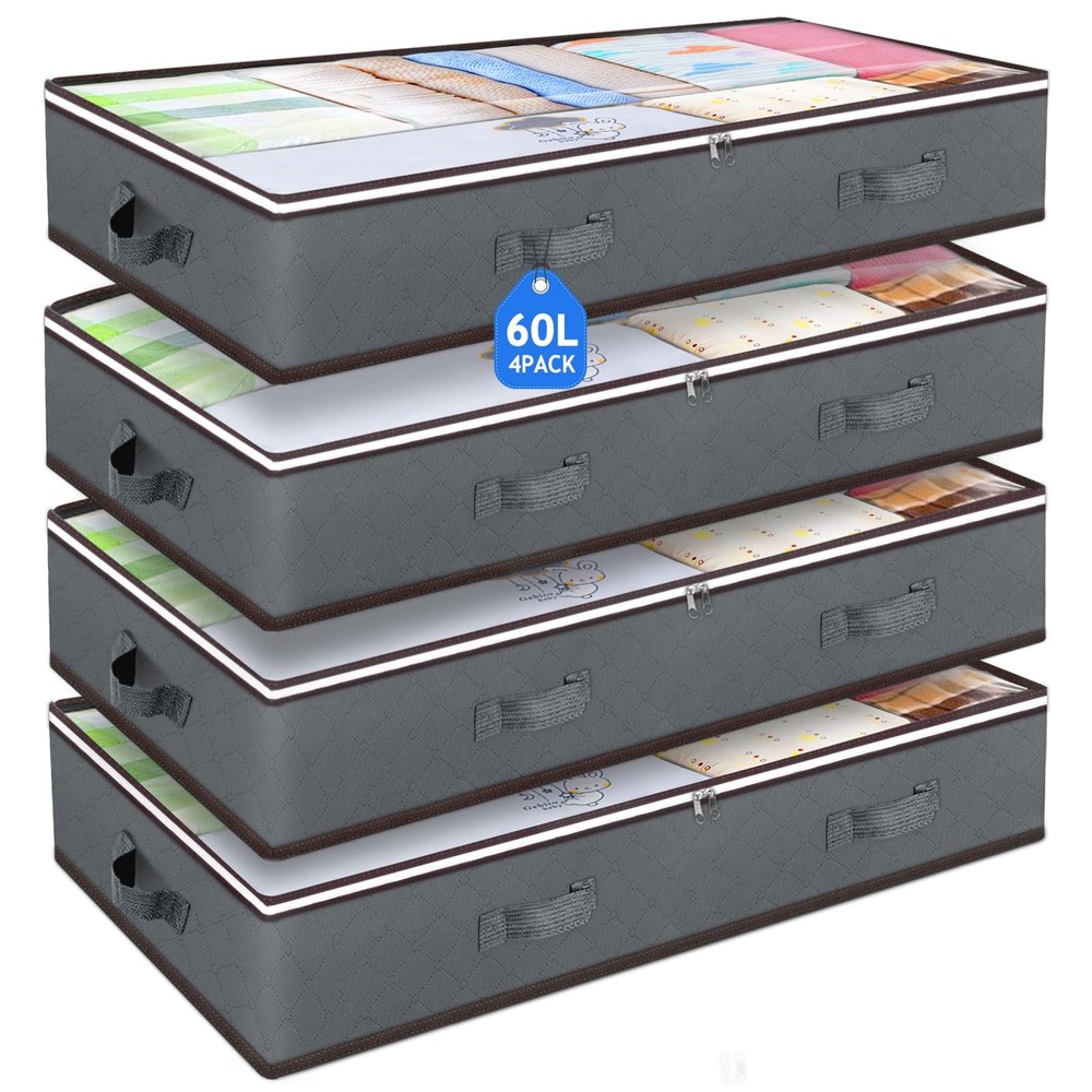 60L Under Bed Storage Containers, Storage Bins with Clear Lids, Foldable Clos...
