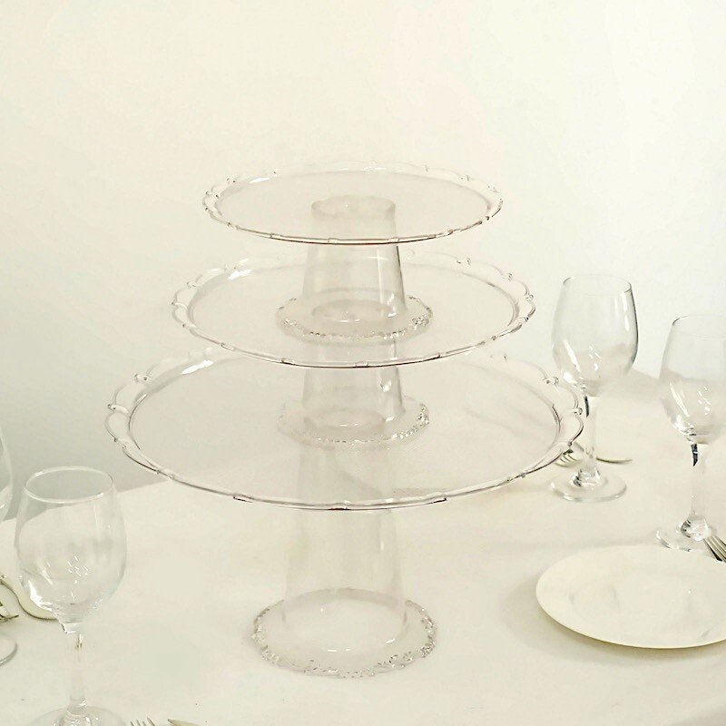 3 Clear Round Plastic CUPCAKE Display STANDS Stackable Dessert Pedestals Party