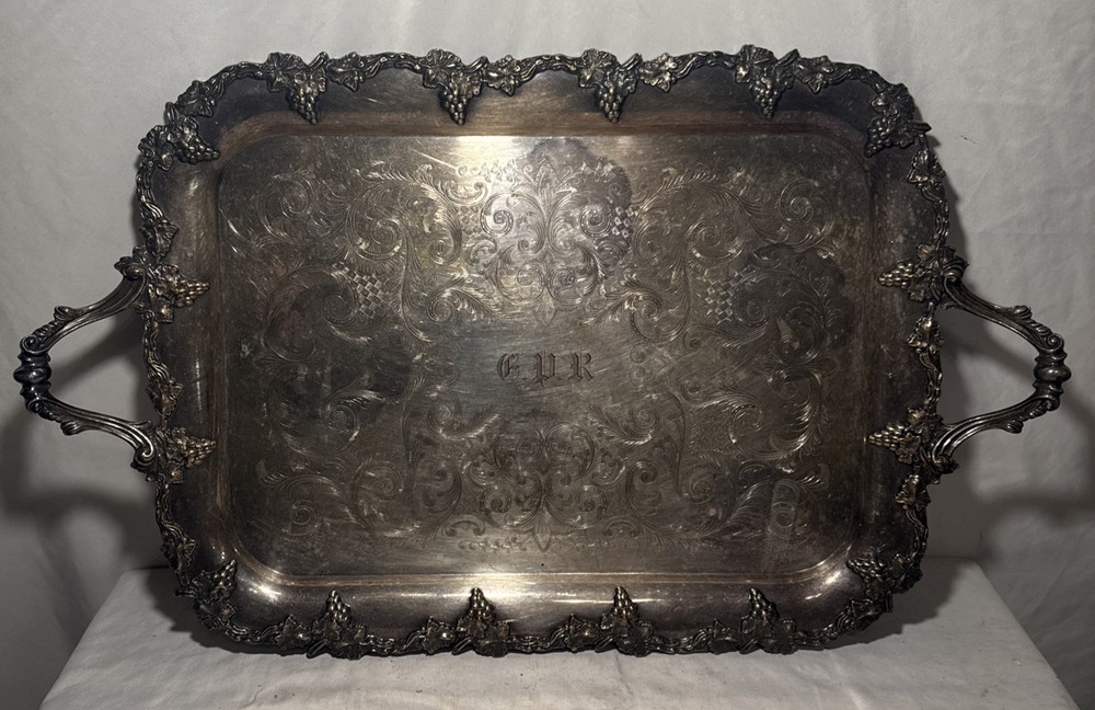 Antique SHEFFIELD Silver On Copper Handled Serving Tray Grapevine Ornate Large