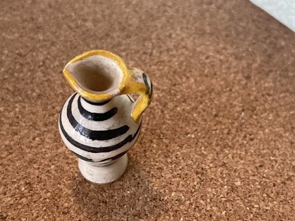 Miniature Ceramic Pitcher yellow trim with black stripes