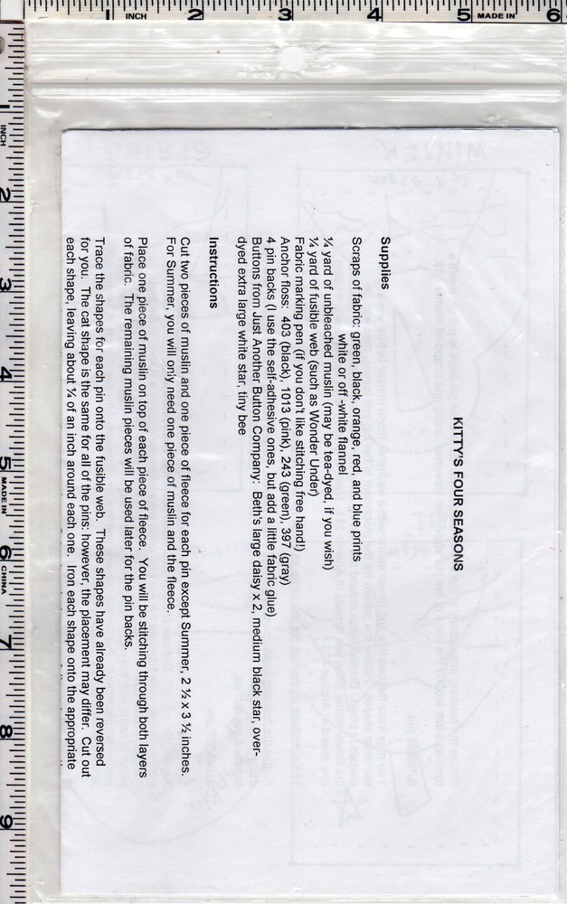 Val's Stitchin' Stuff Needlecraft Applique Pattern # A008 "Kitty's Four Seasons"