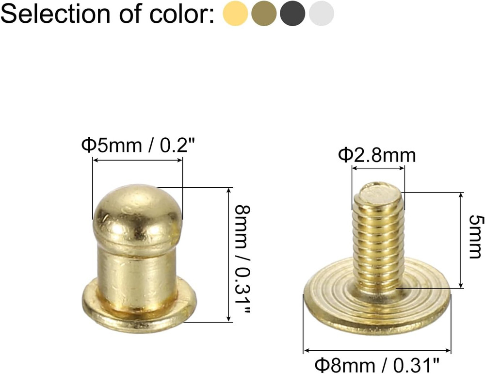 5Mm Ball Head Stud Rivets Screw Back, 100Pack round Head Button Nipple Rivet for