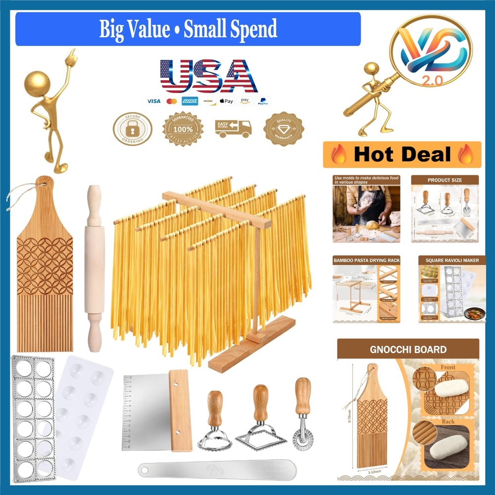 9-Piece Pasta Maker Set Include Bamboo Drying Rack Ravioli Press Gnocchi Board
