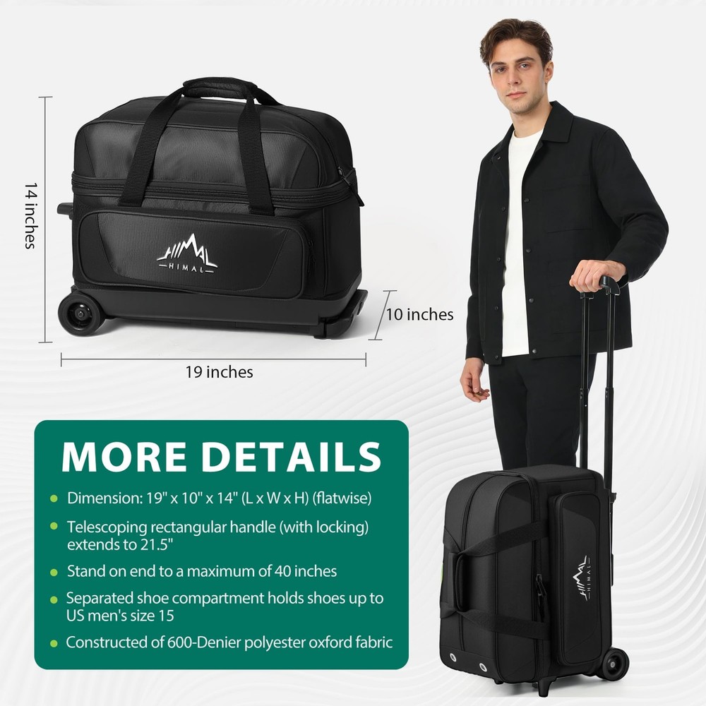 Double Roller 2 Ball Bowling Bag with Separate Shoe Compartment for Bowling S...