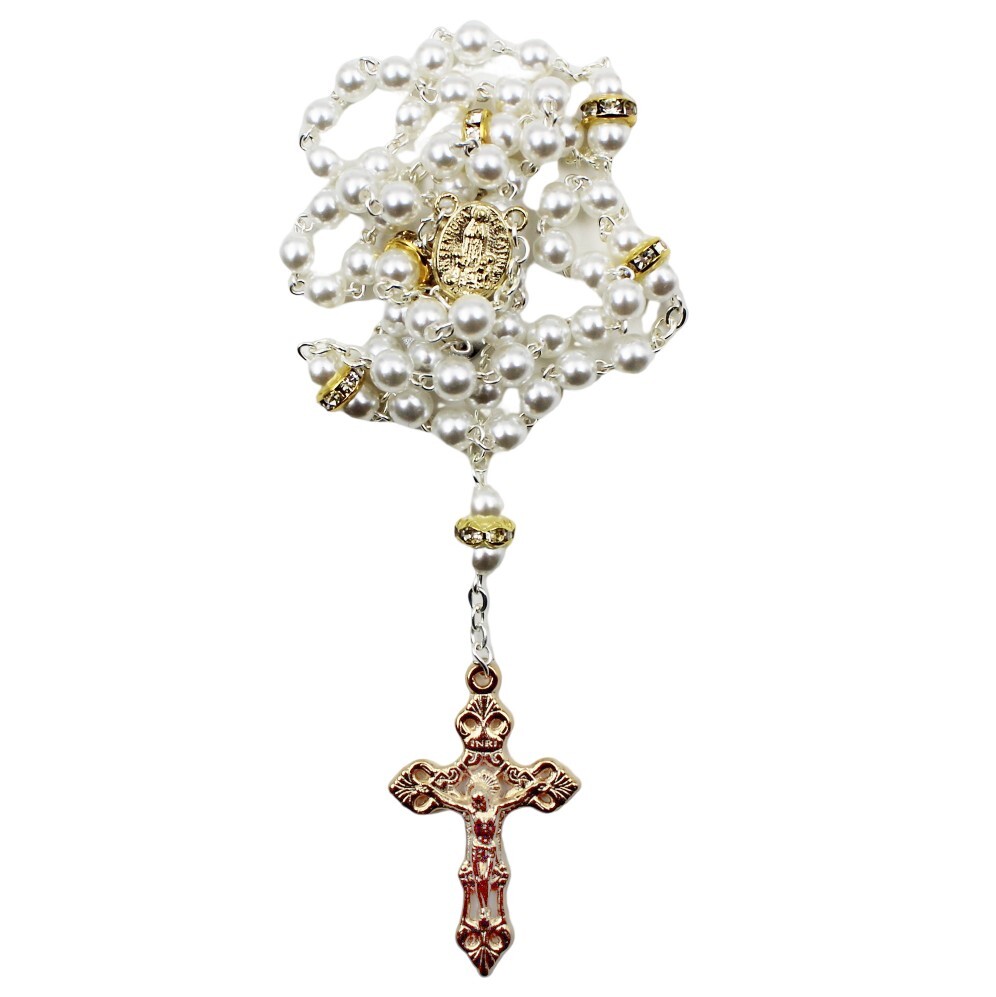 Our Lady of Fatima Made in Portugal Elegant White Pearl Gold Rosary
